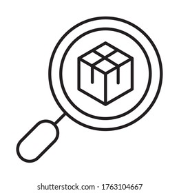 delivery packaging, magnifier cardboard box cargo distribution, logistic shipment of goods vector illustration line style icon