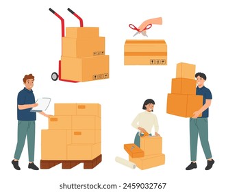 Liefer- und Verpackungsprozess. Menschen verpacken, liefern, empfangen und entpacken Einkäufe. Postfachzustellung, Versand und Empfang von Paketen. СKartonverpackung mit flacher Vektorillustration isoliert