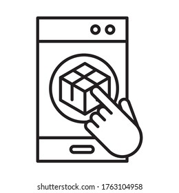 delivery packaging, smartphone click cardboard box cargo distribution, logistic shipment of goods vector illustration line style icon