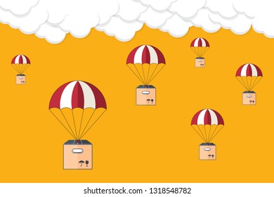 Delivery with parachute. Dropshipping. Package flying on parachute, delivery service concept. Flat design