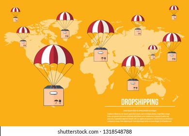 Delivery with parachute. Dropshipping. Package flying on parachute, delivery service concept. Flat design