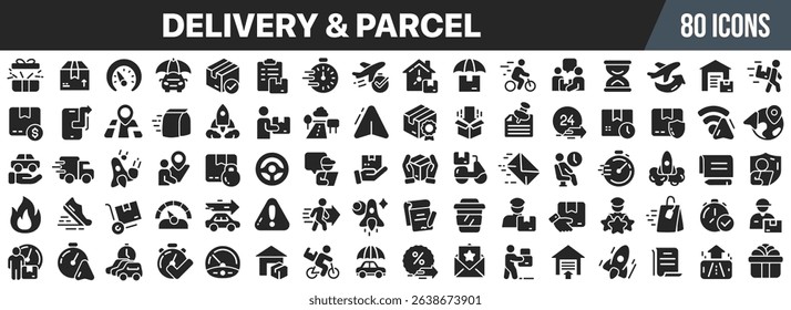 Delivery and parcel black icons collection. Big UI icon set in a flat design. Vector illustration EPS10