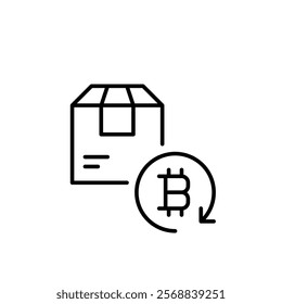 Delivery parcel box and bitcoin in refresh arrow. Online shopping and rewards. Pixel perfect vector icon