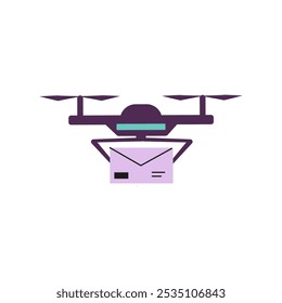 Delivery parcel box or letter mail with drone. Logistic with quadcopter drone. Modern delivery service automated remote smart technology. Vector flat illustration isolated on white background