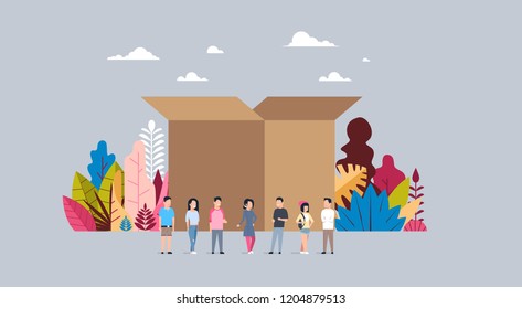 delivery parcel concept opened cardboard box casual people group teamwork flat vector illustration