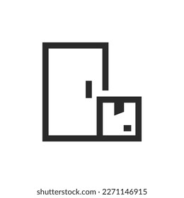 Lieferung des Pakets an die Tür, lineares Symbol. Die Kiste ist an der Tür. Bearbeitbare Hubbreite