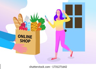 Delivery parcel to door. Shopping online concept. Express delivery. Vector illustration.