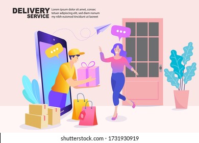 Delivery parcel to door. Shopping online concept. Express delivery. Vector illustration.