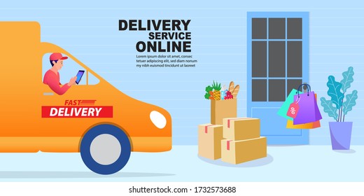 Delivery parcel to door. Shopping online concept. Express delivery. Vector illustration.