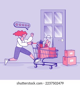 Delivery parcel to door. Shopping online concept. Express delivery. E-commerce. quick shipping a parcel around city by staff. Vector illustration.