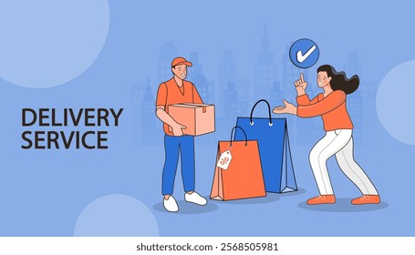 Delivery of parcel to door. Shopping online concept. Express delivery. E-commerce. quick shipping a parcel around city by motorcycle staff. Vector illustration.