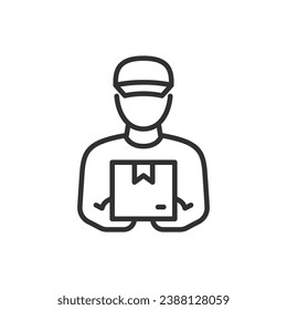 Delivery of the parcel in the hands, linear icon. Delivery person with the parcel, holding the box in hands. Line with editable stroke