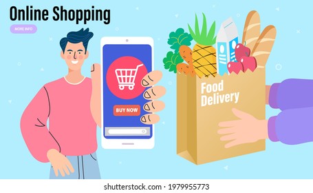 Delivery Parcel To Home. Buying Grocery, Food, Medicine Essential Items To The Doorstep Shopping Online Concept. Express Delivery. Vector Illustration.