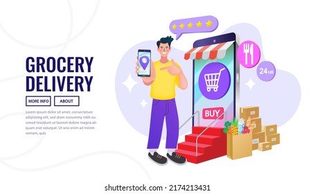 Delivery Parcel To Home. Buying Grocery, Food, Medicine Essential Items To The Doorstep Shopping Online Concept. Express Delivery. App On Mobile Phone. Vector Illustration.