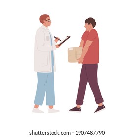 Entrega de paquetes con medicinas o ayuda humanitaria. Médico o farmacéutico que recibe el paquete entregado por correo. Ilustración vectorial plana coloreada aislada en fondo blanco