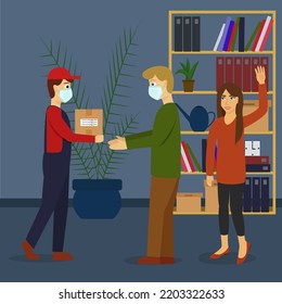 Entrega del paquete a la oficina. Entrega segura. Compañeros. Máscara protectora. Ilustración del vector