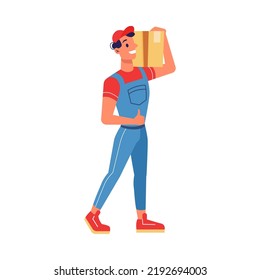 Delivery of parcel package, courier in uniform with carton box in hands. Postal service express delivery, deliver of order, logistics and shipment. Vector flat cartoon illustration