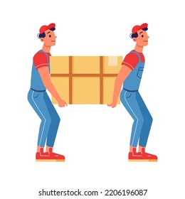 Delivery of parcel package, couriers in uniform carrying big carton box in hands. Transportation of heavy cardboard box, shipment of orders on warehouse or industry factory. Vector flat cartoon