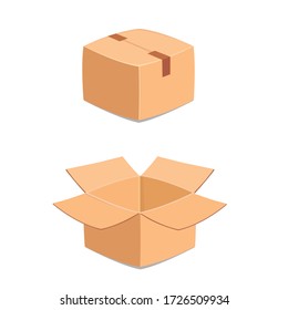 Delivery, parcel or packaging open and close empty cardboard boxe. Craft brown package in cartoon style. Vector colored isolated illustration in cartoon isometric style