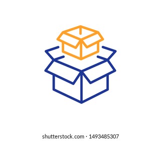 Delivery parcel sign. Packing boxes line icon. Cargo box symbol. Colorful outline concept. Blue and orange thin line packing boxes icon. Vector