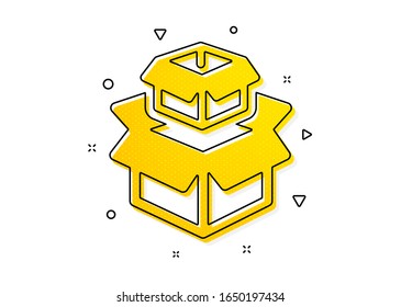  Signo de paquete de entrega. Icono de los cuadros de empaquetado. Símbolo de la caja de carga. Patrón de círculos amarillos. Icono de cajas de embalaje clásicas. Elementos geométricos. Vector