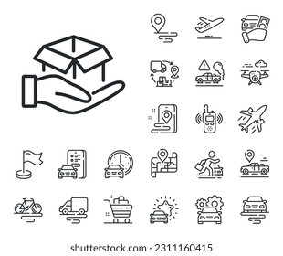 Delivery parcel sign. Plane, supply chain and place location outline icons. Hold open box line icon. Cargo package symbol. Hold box line sign. Taxi transport, rent a bike icon. Travel map. Vector