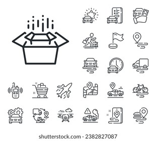 Delivery parcel sign. Plane, supply chain and place location outline icons. Packing boxes line icon. Cargo box symbol. Packing boxes line sign. Taxi transport, rent a bike icon. Travel map. Vector