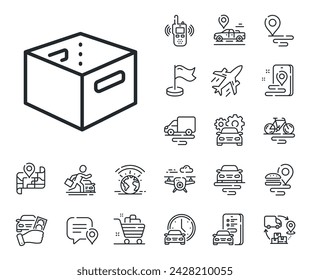 Delivery parcel sign. Plane, supply chain and place location outline icons. Office box line icon. Cargo package symbol. Office box line sign. Taxi transport, rent a bike icon. Travel map. Vector