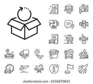 Delivery parcel sign. Plane, supply chain and place location outline icons. Return package line icon. Cargo goods box symbol. Return package line sign. Taxi transport, rent a bike icon. Vector