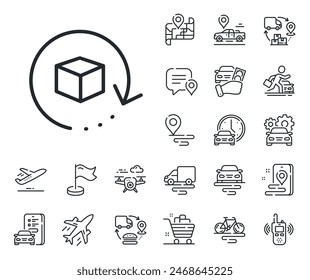 Delivery parcel sign. Plane, supply chain and place location outline icons. Return package line icon. Cargo goods box symbol. Return package line sign. Taxi transport, rent a bike icon. Vector