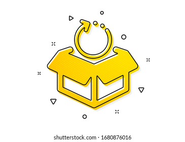  Signo de paquete de entrega. Icono de devolución del paquete. Símbolo de la caja de mercancías de carga. Patrón de círculos amarillos. Icono de paquete de devolución clásico. Elementos geométricos. Vector