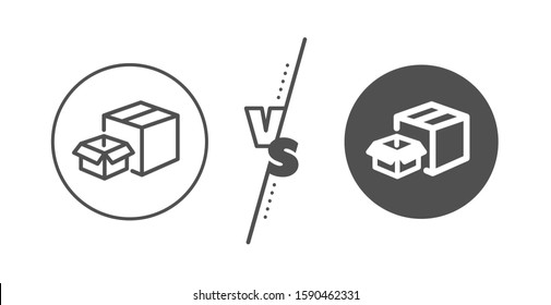 Delivery parcel sign. Versus concept. Packing boxes line icon. Cargo box symbol. Line vs classic packing boxes icon. Vector
