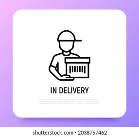 Lieferung von Paket dünne Linie Icon, Kurier mit Paket. Moderne Vektorgrafik der Postsendung.