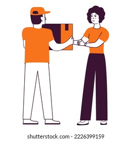 Delivery parcel.Courier delivered parcel girl.Shipping and delivery package service.Woman receiving parcel.Delivery man bring order box to woman.Hand drawn style.