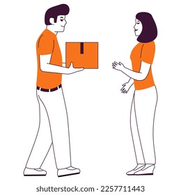 Delivery parcel.Courier delivered parcel girl.Shipping and delivery package service.Woman receiving parcel.Delivery man bring order box to woman.Hand drawn style.