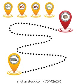 Delivery of parcels by different transport, minibus, car, motorcycle, scooter, bicycle Vector Illustration