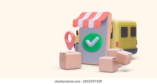 Delivery parcels concept in 3d realistic style with van, phone, pointer, parcel. Vector illustration