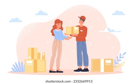 Delivery of parcels concept. Male courier handing box to young girl. Logistics and transportation, online shopping and express home delivery. Client with staff. Cartoon flat vector illustration