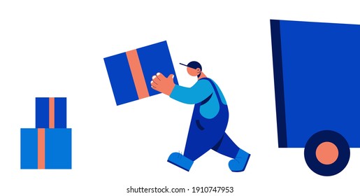 delivery of parcels and goods. a loader carries boxes. man helps to carry moving boxes