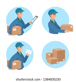 Delivery of parcels, goods, purchases. The man smiles, holds out a box, holding a document, a letter. Blue uniform of a postman with a hat. A postal worker in the service. Vector cartoon illustration.