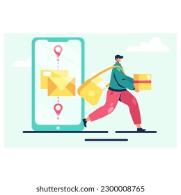 Delivery of parcels, letters, mail. Postman is in hurry to deliver mail. Delivery from hand to hand, to addressee. Forwarding of correspondence, documents locally and over long distances