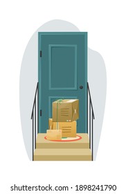 Delivery of parcels to the recipient's door. Parcels in boxes on the porch of the house. Mail delivery.