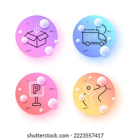 Iconos de línea mínimos de la caja Entrega, Estacionamiento y Obtención. botones de esferas o bolas 3d. Iconos de carreteras. Para web, aplicación, impresión. Programación de carga, estacionamiento automático, paquete de envío. Carretera de viaje. Vector