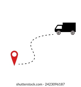 Ruta de la entrega. Mapa, línea, camión con destino, vehículo. Vector aislado sobre fondo blanco. 