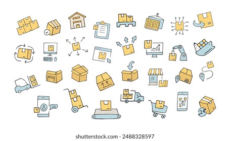 delivery. the pattern. mail. box. icons. transport. sticker. to send. the package. postman. on a colored background. package. drawing. doodle. minimalism. black lines.