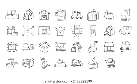 delivery. the pattern. mail. box. icons. transport. sticker. to send. the package. postman. on a colored background. package. drawing. doodle. minimalism. black lines.