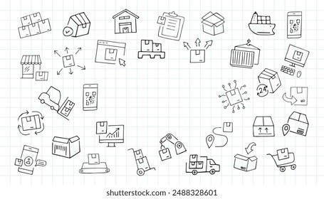 delivery. the pattern. mail. box. icons. transport. sticker. to send. the package. postman. on a colored background. package. drawing. doodle. minimalism. black lines.