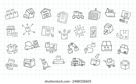 delivery. the pattern. mail. box. icons. transport. sticker. to send. the package. postman. on a colored background. package. drawing. doodle. minimalism. black lines.