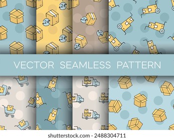 delivery. the pattern. seamless pattern. seamless. mail. box. sticker. to send. the package. postman. on a colored background. package. drawing. doodle. minimalism. black lines.