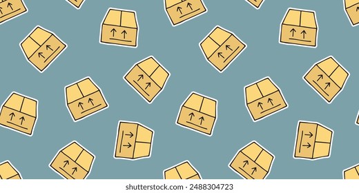 delivery. the pattern. seamless pattern. seamless. mail. box. sticker. to send. the package. postman. on a colored background. package. drawing. doodle. minimalism. black lines.